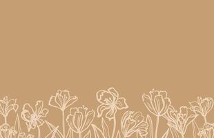 Hand drawn banner with field of blooms flowers for text. Illustration with sketch of tulips glade. Floral romantic border with line silhouettes of florets in trends colour for card, media vector