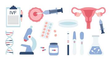 In vitro fertilization IVF set elements in cartoon flat style. Medical tests, egg, uterus. DNA and sperm analysis. Pregnancy and ovulation test vector