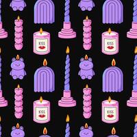 Various Candles seamless pattern. Decorative wax candles for relax and spa. Hand drawn seamless Pattern on black background. vector