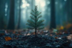 Small spruce sapling growing in dark forest soil photo
