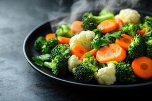 Steaming hot mixed vegetables of broccoli, cauliflowe and carrot in a bowl photo