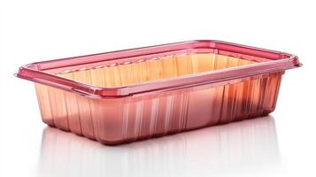 Empty red plastic food container on white background photo