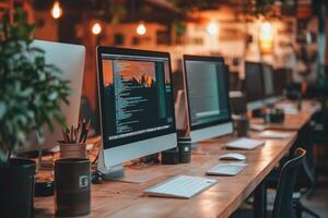 Software developers working late at night in modern office photo