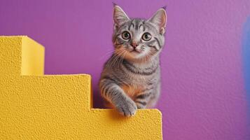 Cute tabby kitten relaxing on yellow cat tree with purple background. photo
