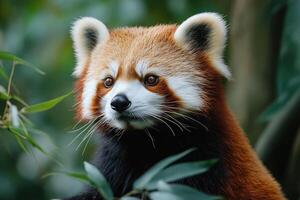 Red panda resting in bamboo forest, looking away from camera photo