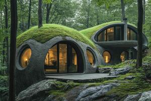Futuristic sustainable concrete dome house blending with nature in a forest setting photo