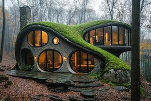 Mushroom house blending with nature in a forest setting during autumn photo