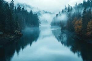 Fog covering coniferous forest and reflecting in calm lake at dawn photo