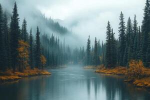 Calm lake reflecting autumn forest and cloudy sky in scandinavian landscape. photo