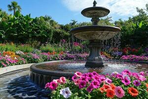 Water fountain cascading in lush garden setting with colorful flowers. photo