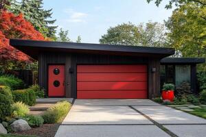 Modern red garage door enhancing curb appeal with landscaping and trees photo