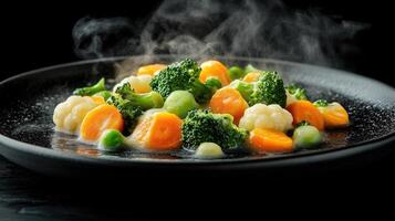 Steaming hot mixed vegetables of broccoli, carrots, and cauliflower photo