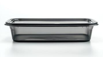 Empty rectangular black plastic food container with lid on white background photo