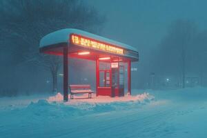 Snow-covered bus stop displaying schedule information at night photo