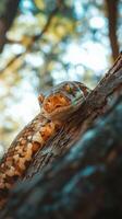 Carpet python resting on a tree branch in nature photo