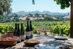 Wine tasting in vineyard with scenic mountain view featuring bottles and grapes photo