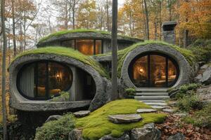 Futuristic sustainable concrete dome house blending with nature in a forest setting. photo