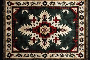 Woven rug with traditional geometric pattern displaying rich colors and fringes. photo