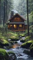 Cozy log cabin nestled in a lush forest with a flowing stream photo