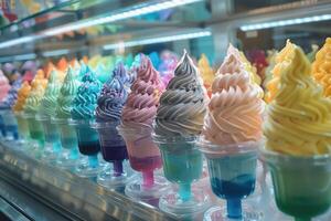 Colorful soft serve ice cream displaying in a refrigerator showing variety of flavors photo