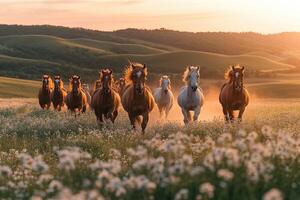 Herd of wild horses running through a flowery field at sunset photo