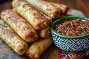 Crispy taquitos stacked high with fresh salsa for dipping. photo