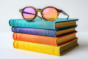 Stylish eyeglasses resting on stack of colorful vintage books photo
