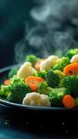 Steaming hot mixed vegetables of broccoli, cauliflower, and carrot in a bowl. photo