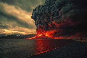 Volcano erupting over ocean with lava flowing into water creating dramatic clouds of smoke photo