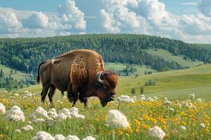 American bison grazing in a field of wildflowers with rolling hills and forest in background photo
