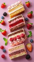 Delicious piece of cakes with fresh berries and whipped cream on pink background photo