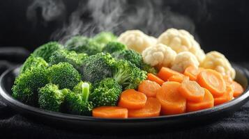 Steaming hot mixed vegetables of broccoli, carrots, and cauliflower . photo