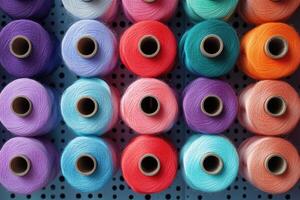 Vibrant yarn spools arranged on a pegboard, ready for various textile projects photo