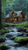 Cozy log cabin nestled in a lush forest with a flowing stream. photo