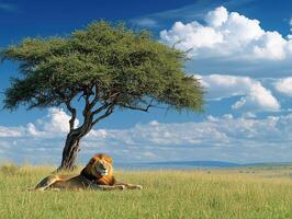 Male lion resting under acacia tree in masai mara national reserve photo