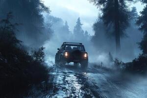 Off-road vehicle driving on muddy road in forest during heavy rain photo