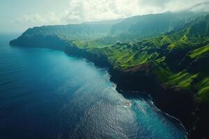 Na pali coast state wilderness park kauai hawaii showing lush green cliffs and pacific ocean photo