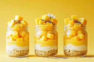 Delicious mango dessert parfaits layered with oats, yogurt, and chia seeds in glass jars on yellow background photo