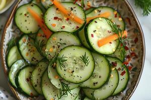 Refreshing cucumber salad with dill, carrots, and pepper flakes in bowl photo