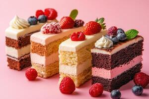 Delicious slices of cake with cream and fresh berries standing on pink background photo