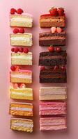 Delicious cake slices displayed on pink background, tempting pastry selection photo