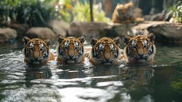 Four tiger cubs swimming in a pond at a zoo or wildlife sanctuary photo