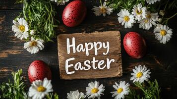 Happy easter sign surrounded by red eggs and daisies on rustic wood photo