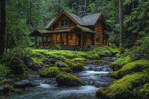 Cozy log cabin nestled in a lush forest setting with flowing river photo