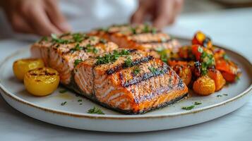 Grilled salmon fillets accompanied by vibrant roasted vegetables and fresh lemon photo