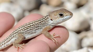 Delicate lizard resting gently in an open hand, showcasing its intricate patterns photo
