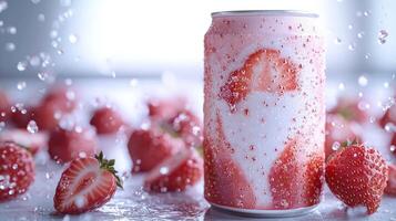 A colorful can of strawberry soda with fresh strawberries and splashing water photo