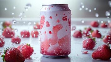 A frosty can stands amidst juicy strawberries, sparkling with refreshing droplets photo