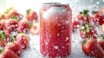 A chilled can rests among vibrant strawberries, glistening with refreshing droplets photo