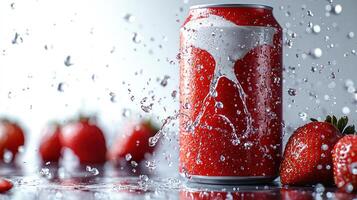 A can of soda bursts with splashing water droplets beside juicy strawberries photo